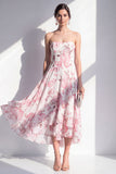 A-linje rosa blommiga chiffon axelbandslös midiklänning