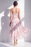 A-linje rosa blommiga chiffon axelbandslös midiklänning