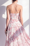 A-linje rosa blommiga chiffon axelbandslös midiklänning
