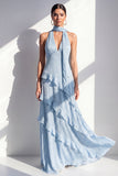 A-linje gul halterneck chiffon maxiklänning med volanger