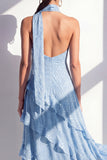 A-linje gul halterneck chiffon maxiklänning med volanger