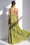 A-linje gul halterneck chiffon maxiklänning med volanger