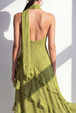 A-linje gul halterneck chiffon maxiklänning med volanger