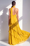 A-linje gul halterneck chiffon maxiklänning med volanger