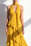 A-linje gul halterneck chiffon maxiklänning med volanger