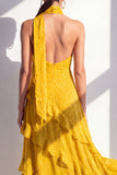 A-linje gul halterneck chiffon maxiklänning med volanger