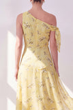 Enaxlad A-linje gul chiffon asymmetrisk midi-blommig klänning