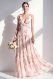 Aprikosblommig A-linje med v-ringad chiffon lång brudtärneklänning med volanger