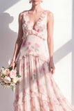 Aprikosblommig A-linje med v-ringad chiffon lång brudtärneklänning med volanger