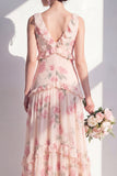 Aprikosblommig A-linje med v-ringad chiffon lång brudtärneklänning med volanger