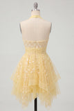 Butter Yellow A-linje halter neck Blommig hemkomstklänning