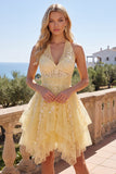 Butter Yellow A-linje halter neck Blommig hemkomstklänning
