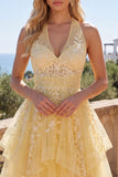 Butter Yellow A-linje halter neck Blommig hemkomstklänning