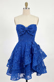 Royal Blue A-Line Sweetheart blomsterpärlkorsett Homecoming-klänning med rosett