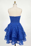 Royal Blue A-Line Sweetheart blomsterpärlkorsett Homecoming-klänning med rosett
