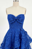 Royal Blue A-Line Sweetheart blomsterpärlkorsett Homecoming-klänning med rosett