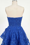 Royal Blue A-Line Sweetheart blomsterpärlkorsett Homecoming-klänning med rosett