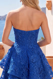 Royal Blue A-Line Sweetheart blomsterpärlkorsett Homecoming-klänning med rosett