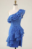 En axel Royal Blue Bodycon blommig pärlprydd volangklänning med hemkomstklänning med slits