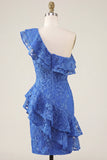 En axel Royal Blue Bodycon blommig pärlprydd volangklänning med hemkomstklänning med slits