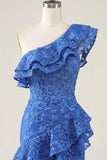 En axel Royal Blue Bodycon blommig pärlprydd volangklänning med hemkomstklänning med slits
