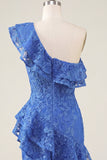En axel Royal Blue Bodycon blommig pärlprydd volangklänning med hemkomstklänning med slits