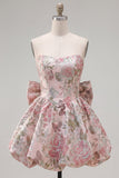 A-linje rosa Sweetheart Jacquard blommig hemkomstklänning med rosett
