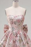 A-linje rosa Sweetheart Jacquard blommig hemkomstklänning med rosett