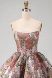 A-linje rosa Sweetheart Jacquard blommig hemkomstklänning med rosett
