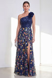 Glitsande A-linje marinblå paljetter med en axel blommig lång brudmorsklänning med slits