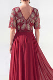 A-linje grön v-ringad chiffon med blommig lång brudmor med pärlbroderi