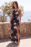 Svart sjöjungfru-chiffon halter neck Maxi blommig klänning med slits