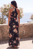 Svart sjöjungfru-chiffon halter neck Maxi blommig klänning med slits