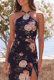 Svart sjöjungfru-chiffon halter neck Maxi blommig klänning med slits