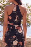 Svart sjöjungfru-chiffon halter neck Maxi blommig klänning med slits