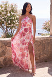 Rosa A-linje chiffon halterneckneck-klänning med blommig maxiklänning med slits