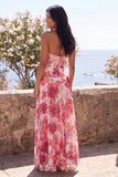 Rosa A-linje chiffon halterneckneck-klänning med blommig maxiklänning med slits