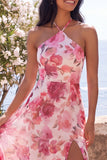 Rosa A-linje chiffon halterneckneck-klänning med blommig maxiklänning med slits