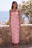 Glittrande rosa axelbandslös bodycon paljetter midi blommig klänning med slits