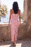 Glittrande rosa axelbandslös bodycon paljetter midi blommig klänning med slits