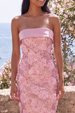 Glittrande rosa axelbandslös bodycon paljetter midi blommig klänning med slits
