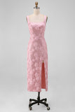 Glittrig rosa bodycon fyrkantiga paljetter med midiblommig midi blommig klänning med slits