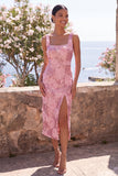 Glittrig rosa bodycon fyrkantiga paljetter med midiblommig midi blommig klänning med slits
