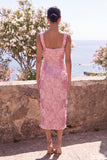 Glittrig rosa bodycon fyrkantiga paljetter med midiblommig midi blommig klänning med slits