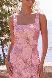 Glittrig rosa bodycon fyrkantiga paljetter med midiblommig midi blommig klänning med slits