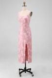 Glittrig rosa bodycon fyrkantiga paljetter med midiblommig midi blommig klänning med slits