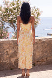 Yellow Strapless Ruched Bodycon Midi Floral Dress with Slit