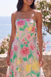 Påskliljor Rosa Blomma axelbandslös A-linje midiklänning