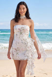 Axelbandslös blommig volang Bodycon Little White klänning