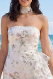 Axelbandslös blommig volang Bodycon Little White klänning